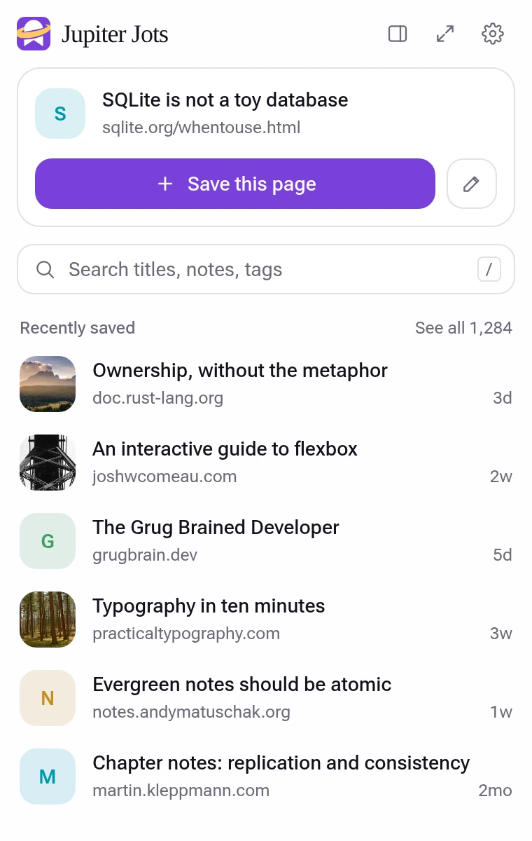 The toolbar popup: save the current page in one click, search, and see recently saved bookmarks